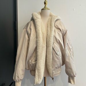 Women's Cream Reversible Bomber Jacket with Faux Fur Lining
